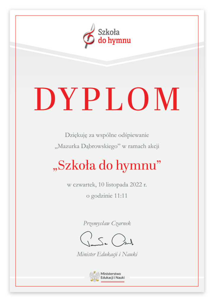 Dyplom dla ZS3 za udział w akcji "Szkoła do hymnu"